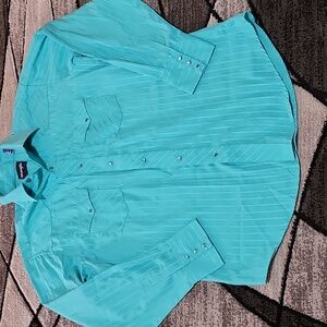 VINTAGE WRANGLER WESTERN TURQUOISE PEARL SNAP-BUTTON COLLAR LONG-SLEEVE SHIRT L